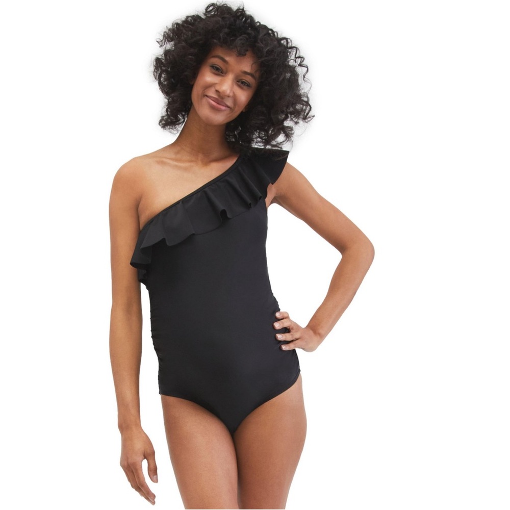 NWT ✨ Beach Bump Swimsuit Maternity Large - Black Ruffle One-Shoulder
